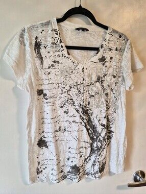 George White V-Neck Burnout Tee with Abstract Gray Script & Tree Print